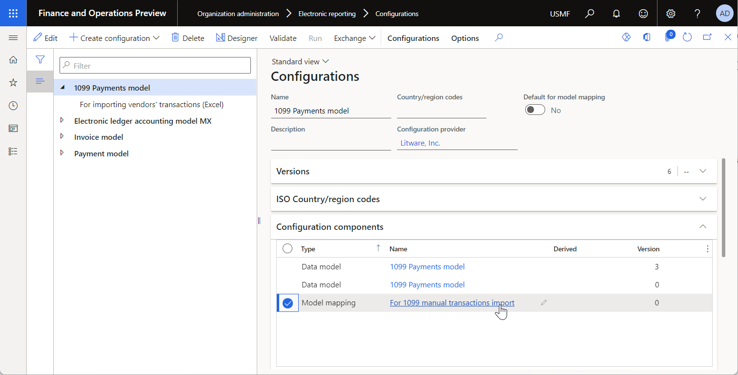Screenshot of ER data model configuration for importing data in batch mode from the ER UI.
