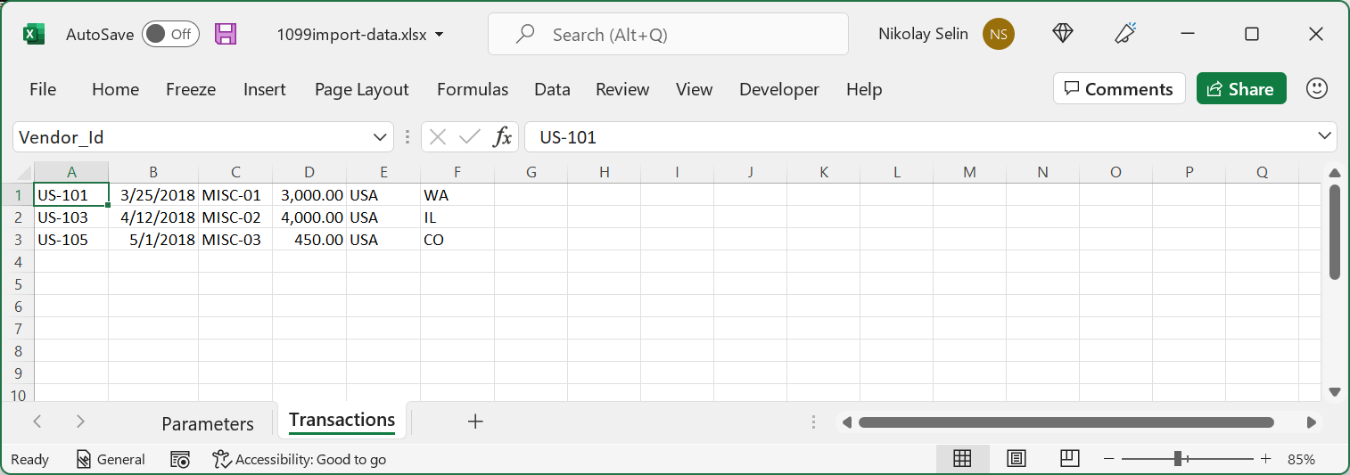 Screenshot of sample Excel file with data for import in batch mode.