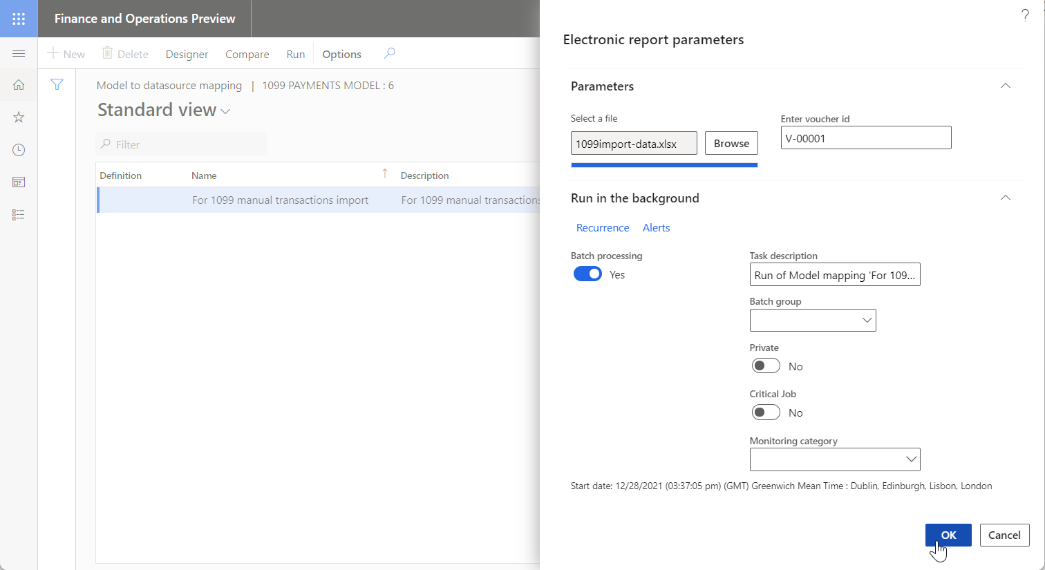 Screenshot of specifying details of the data import in batch mode in the Electronic report parameters dialog box.
