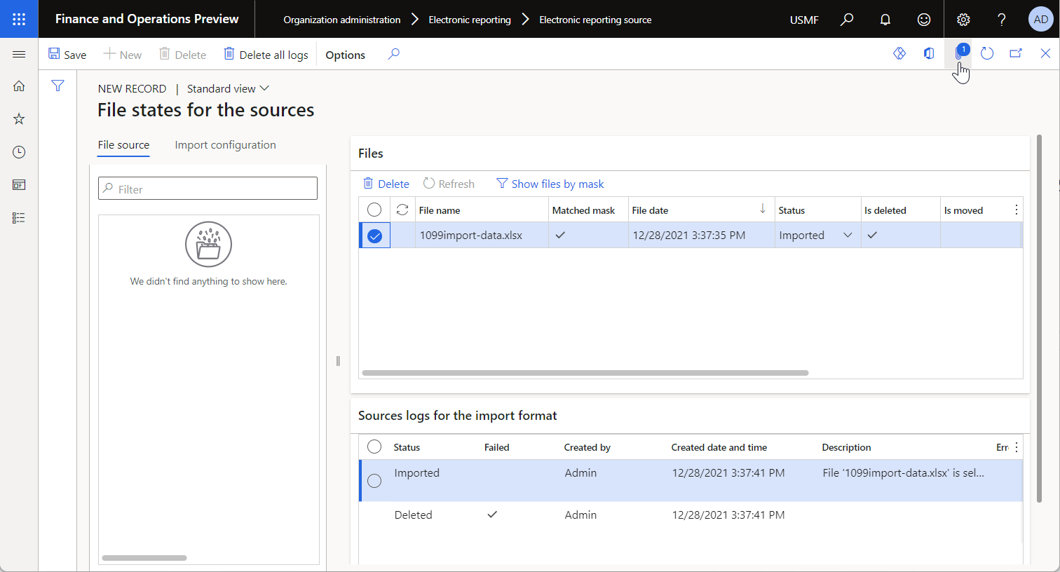Screenshot of imported file attached to the record on the File states for the sources page.
