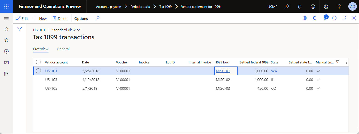 Screenshot of imported vendor transactions on the Tax 1099 transactions page.