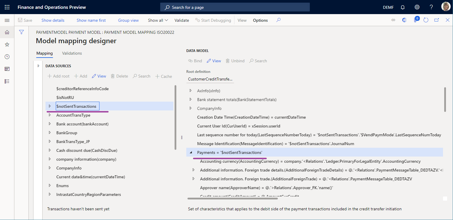 Screenshot of Payments field on the Model mapping designer page.
