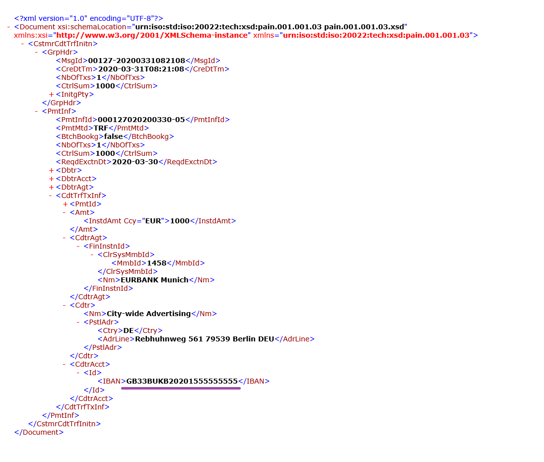 Screenshot of IBAN code without spaces in the payment file.