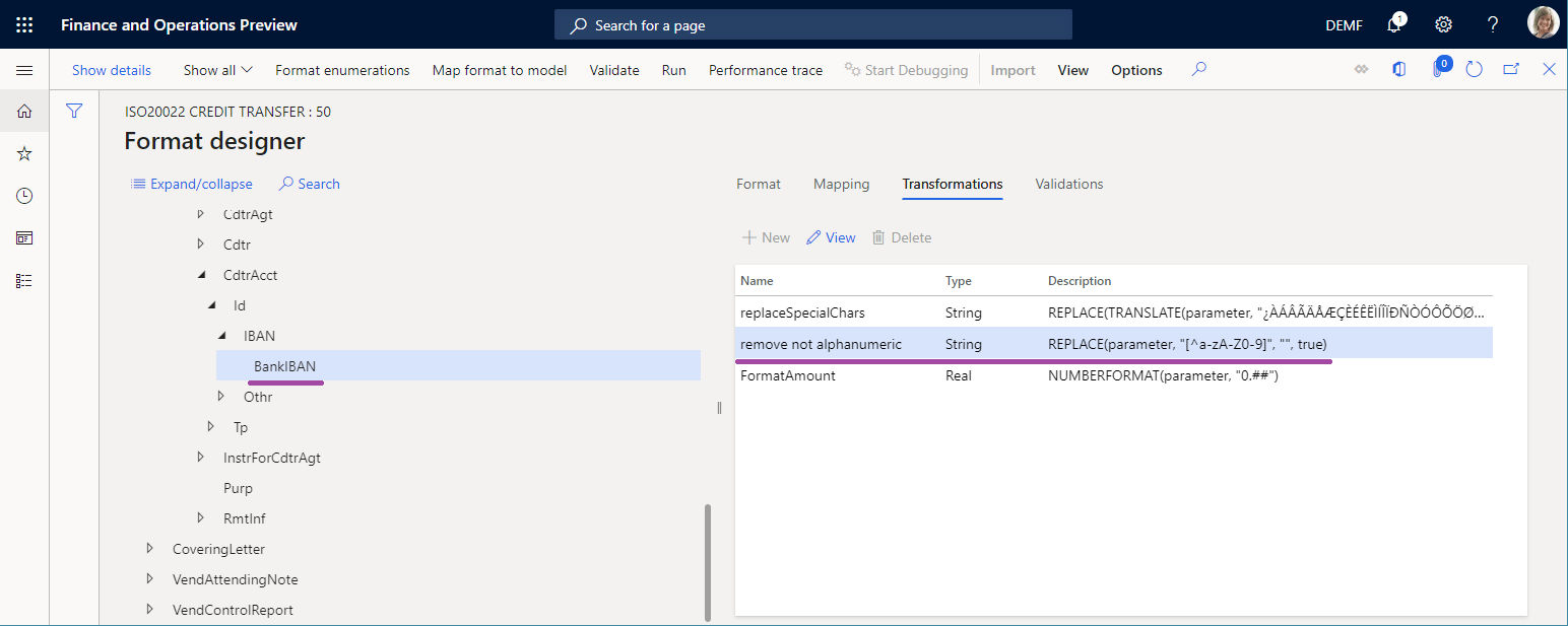 Screenshot of Transformations tab for the BankIBAN element.