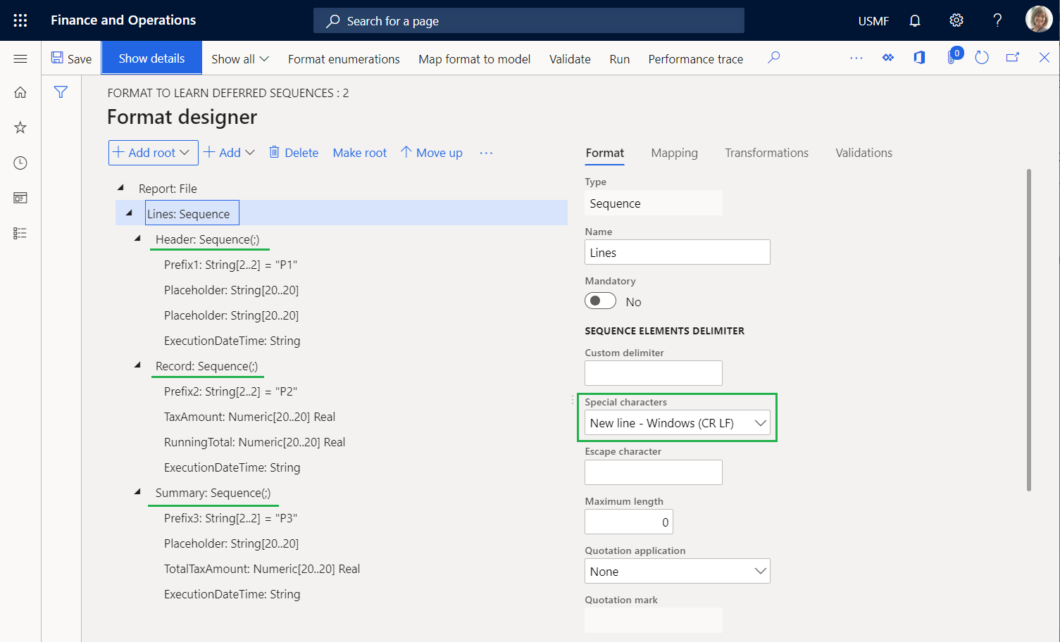 Screenshot of Lines sequence format element and nested elements on the Format designer page.