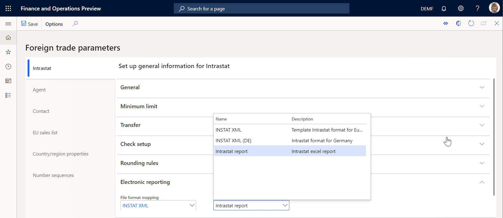 Foreign trade parameters page, Report format mapping field with options.