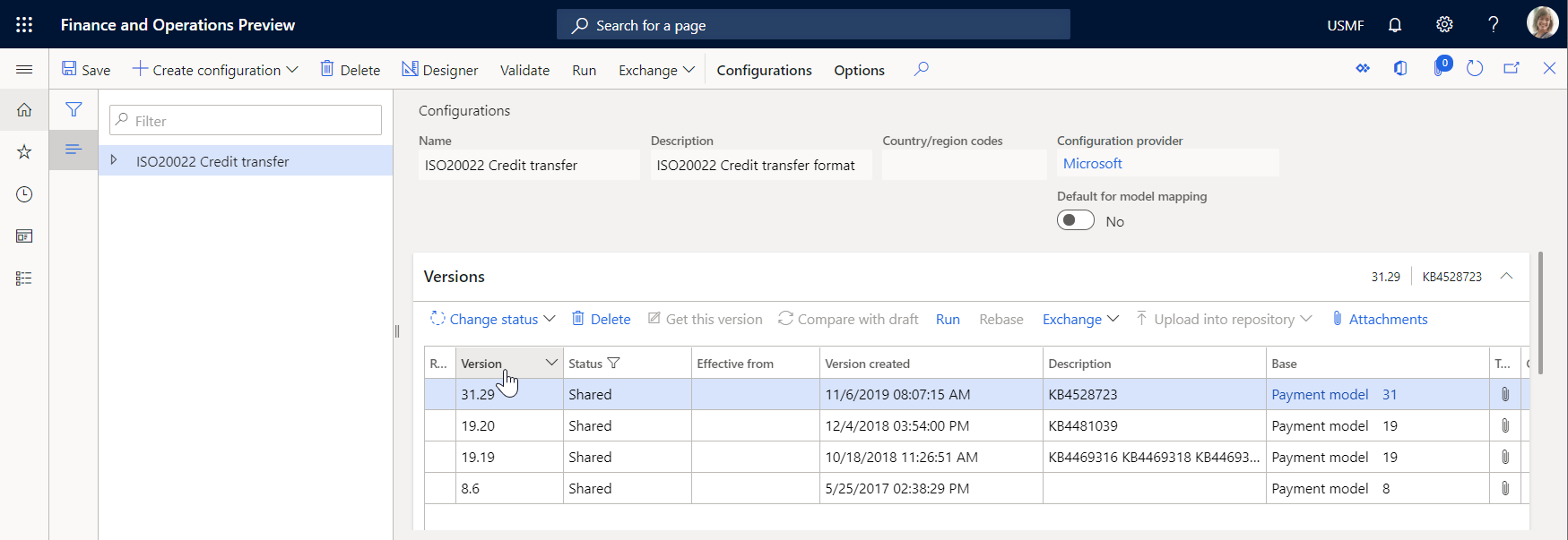 Screenshot of configuration versions list.