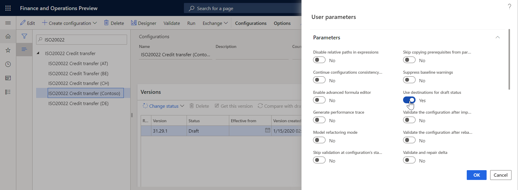 Screenshot of Use destinations for draft status option setting.