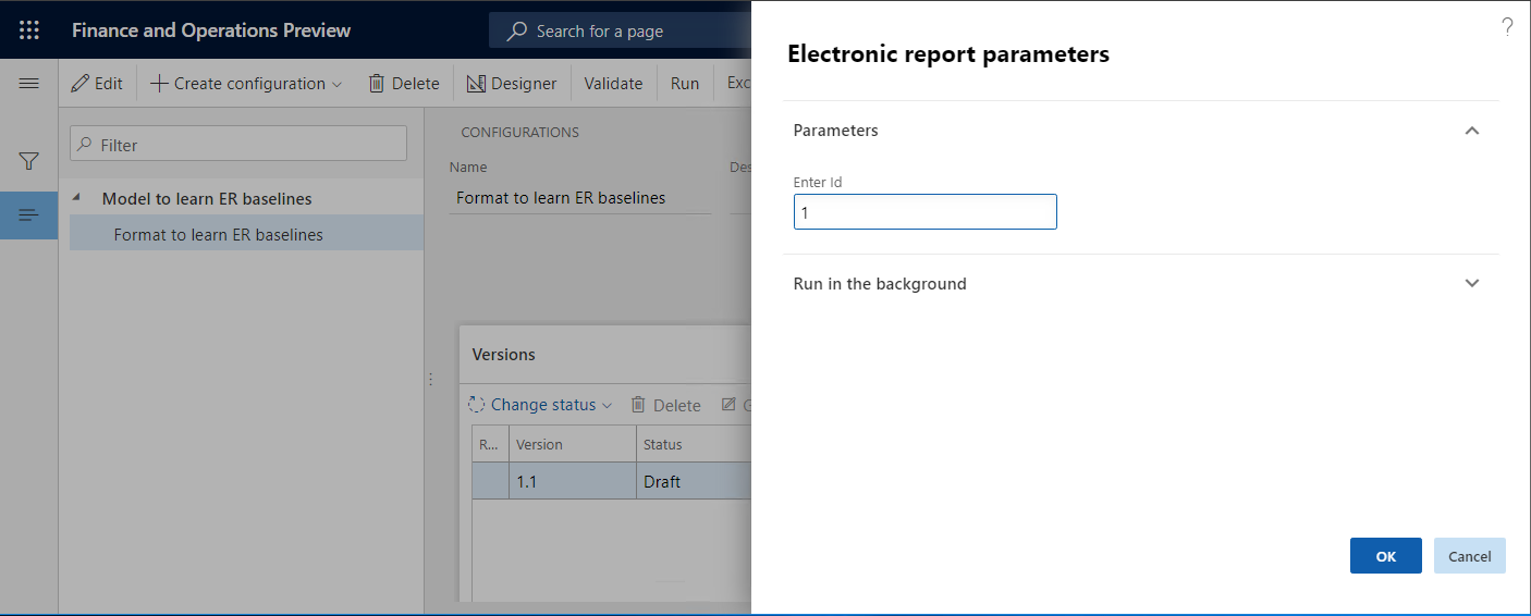 Screenshot of the Electronic report parameters dialog box Electronic report parameters dialog box.