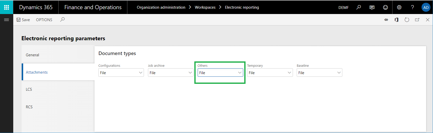 Screenshot of the Electronic reporting parameters page.