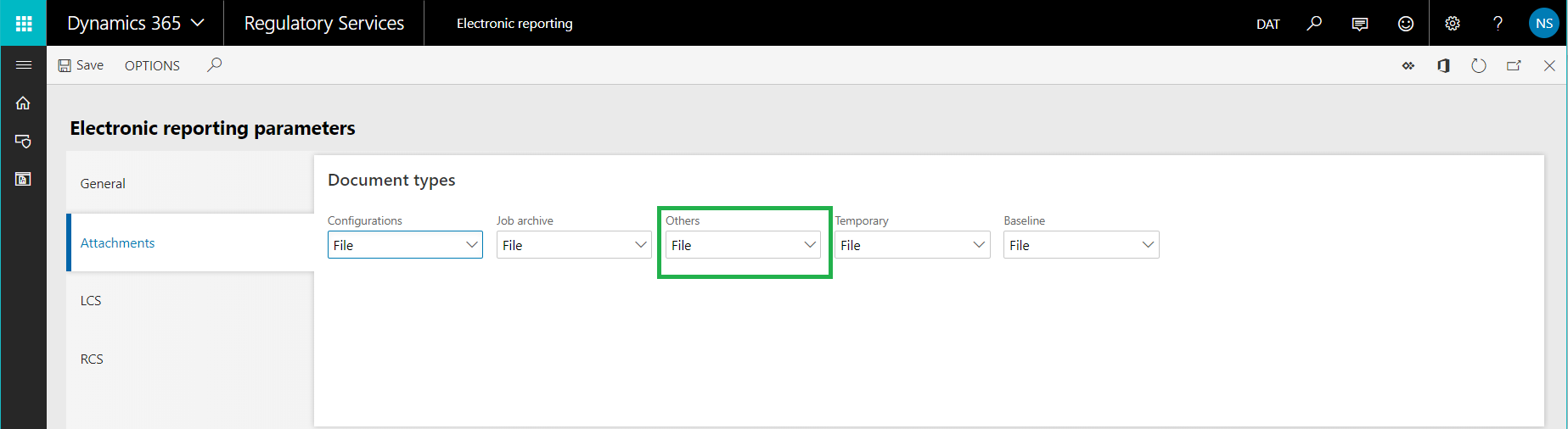 Screenshot of the Electronic reporting parameters page in RCS.