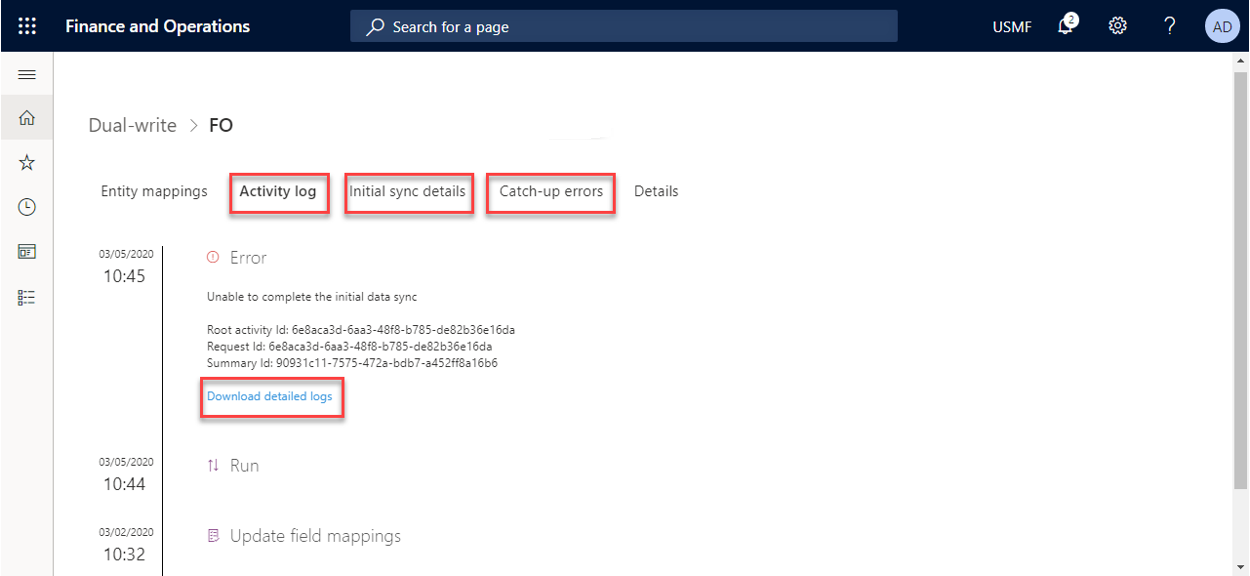 Screenshot of the activity log.