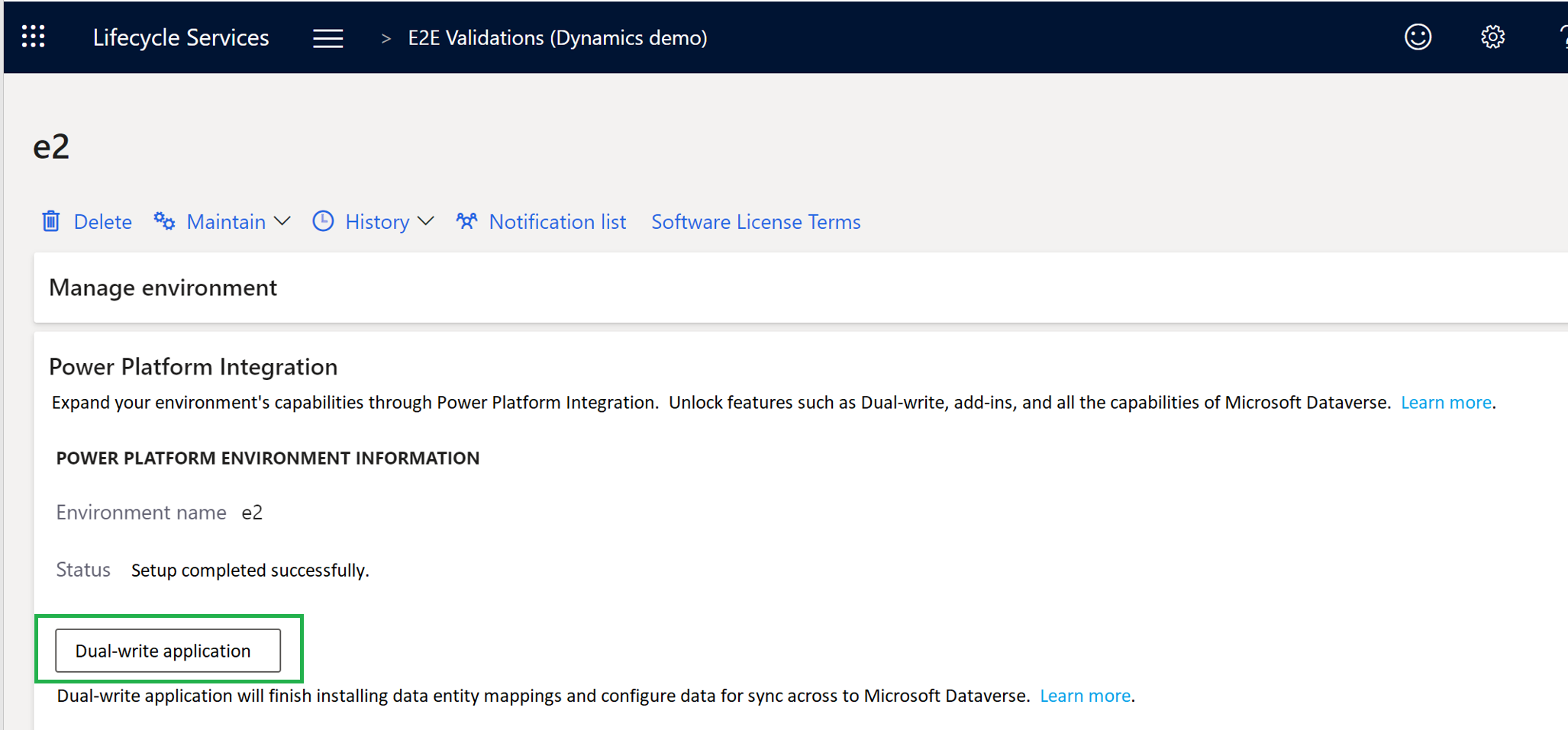 Screenshot of the Power Platform Integration section with the Dual-write application button.