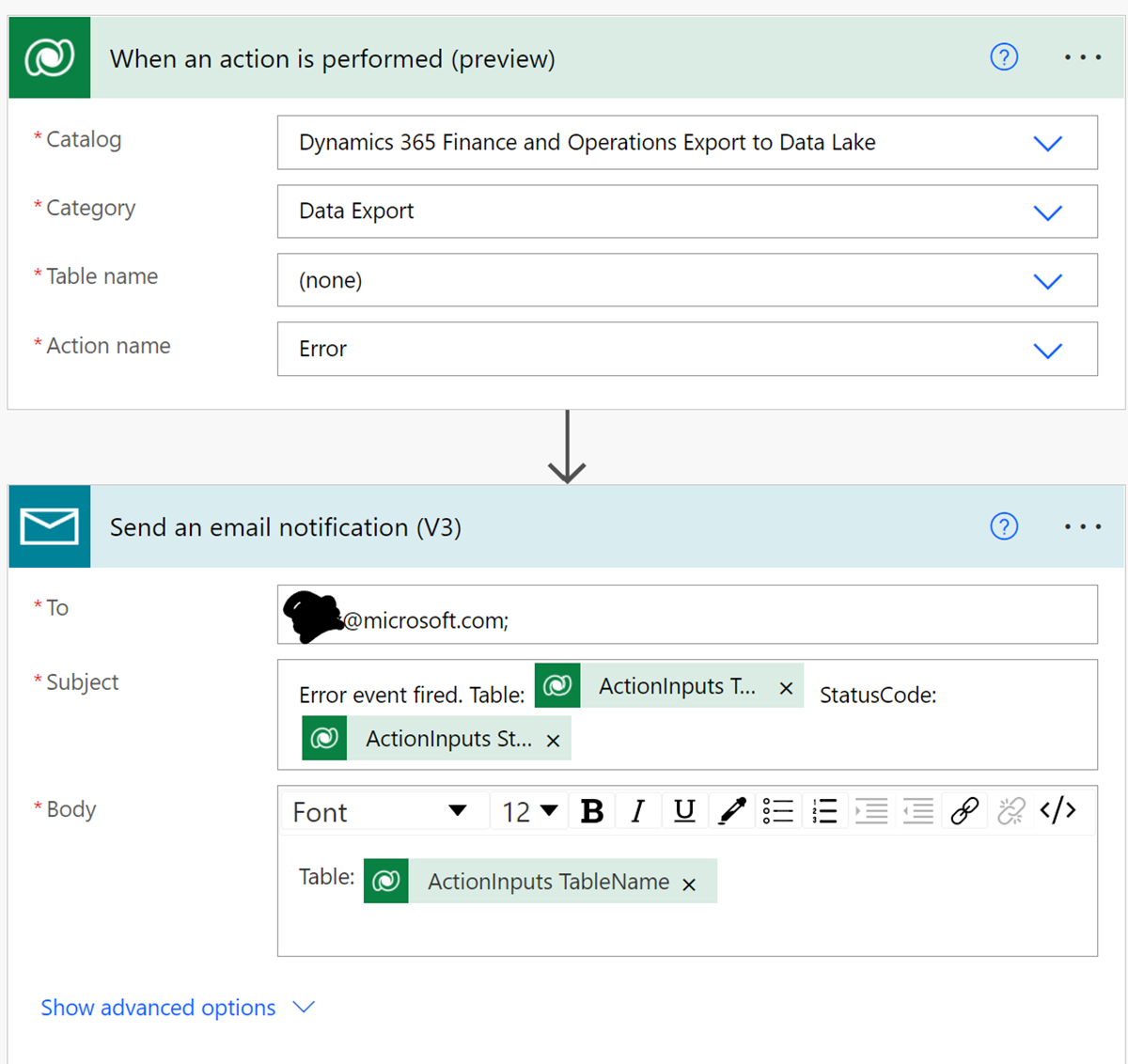 Screenshot of creating a business action with the When an action is performed trigger.