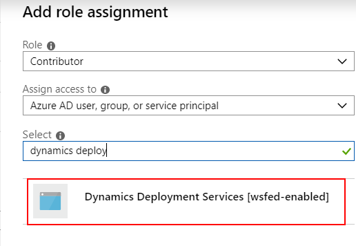 Screenshot of the Dynamics Deployment Services wsfed-enabled role assignment in the Azure portal.