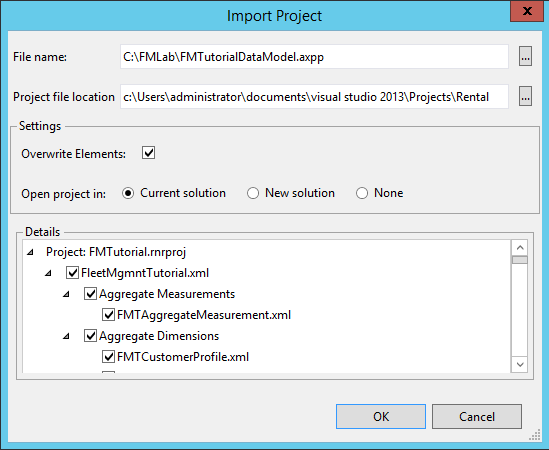 Screenshot of the Import project dialog.
