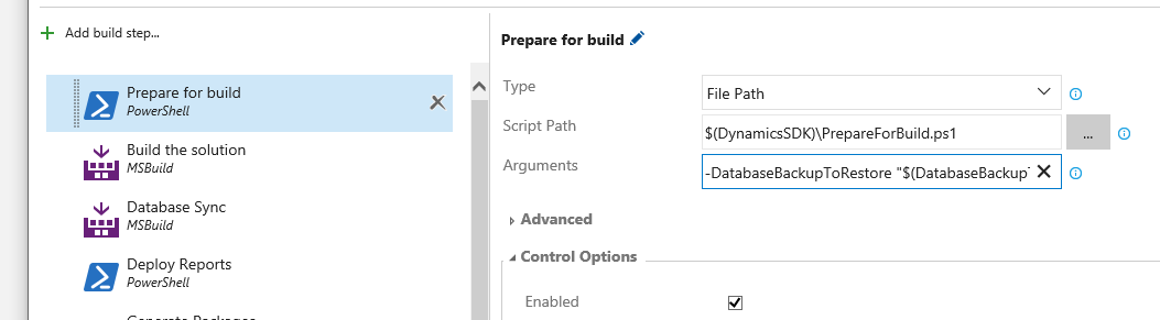 Screenshot of the Prepare for build step in the build definition.