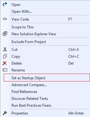 Screenshot of the Set as Startup Object option in Solution Explorer.
