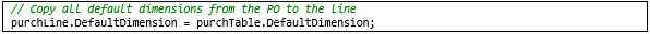 Screenshot of code used to copy default dimensions from the header to the line.
