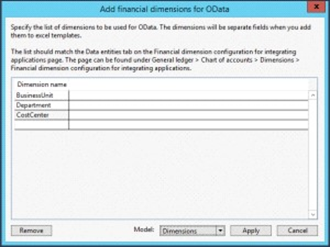 Screenshot of financial dimensions for OData add-in.