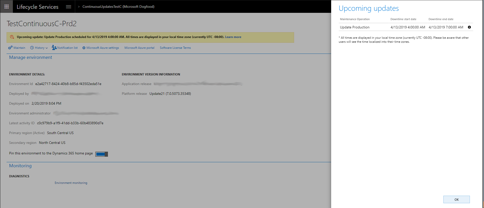 Screenshot of the Upcoming updates notification in Lifecycle Services.