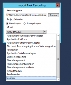 Screenshot of the Import Task Recording dialog with Test Module selected.