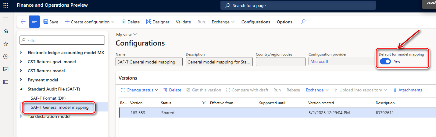 Screenshot of the Default for model mapping option set to Yes for the SAF-T General model mapping configuration.