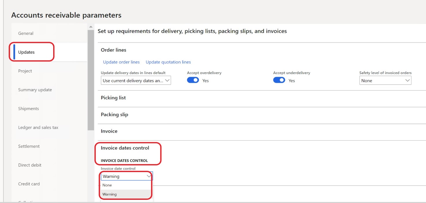 Screenshot of the Accounts receivable parameters page.