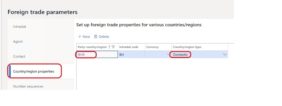 Screenshot of the Foreign trade parameters page.