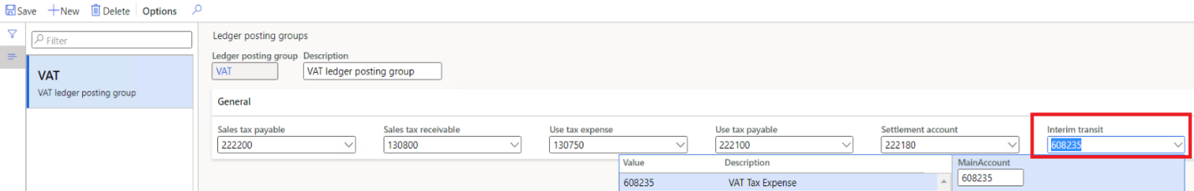 Screenshot of selecting an interim transit account.