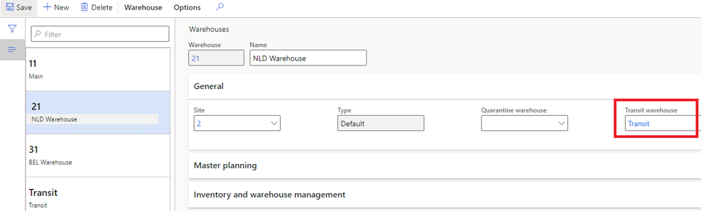 Screenshot of selecting a transit warehouse.