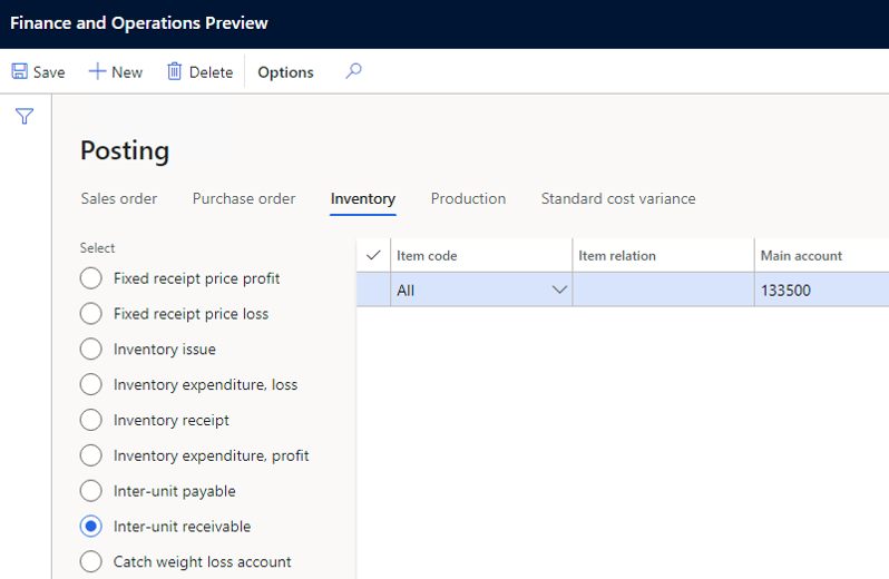 Screenshot of setting up Inter-unit receivable posting.