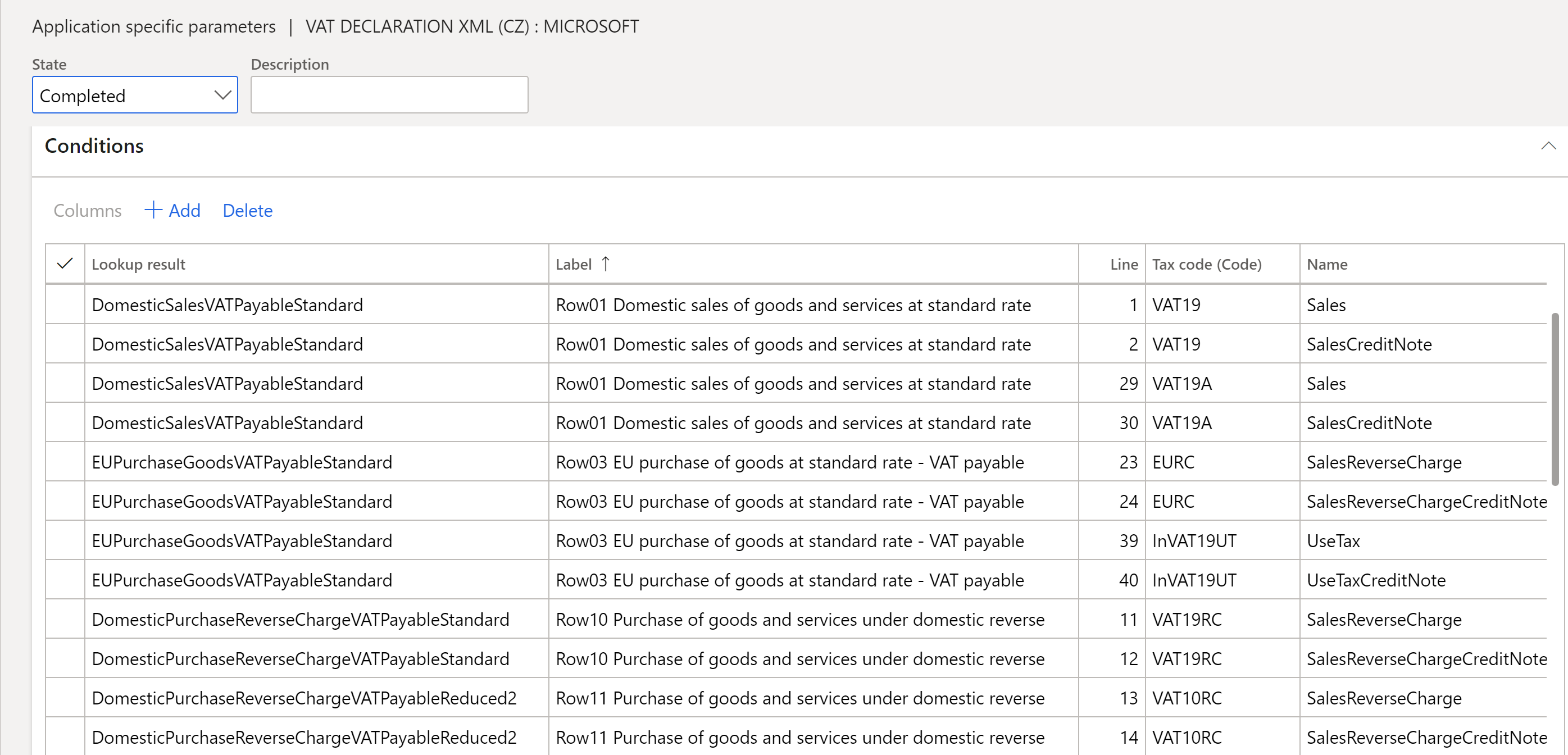 Conditions FastTab on the Application specific parameters page.