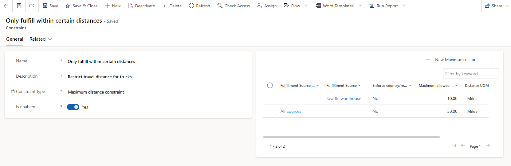 Screenshot of the maximum radius constraint example showing Seattle warehouse with a 10-mile delivery radius.