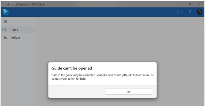 Screenshot of message that appears when a guide is corrupted Screenshot of message that appears when a guide is corrupted.