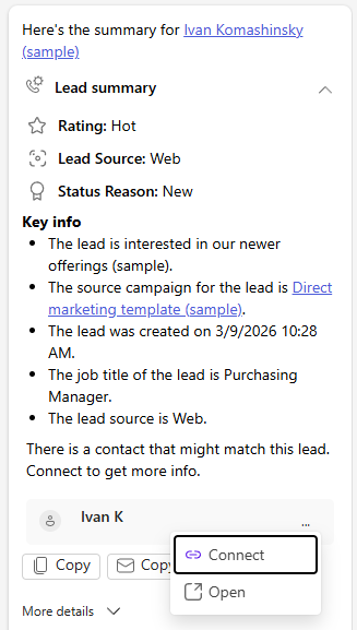 Screenshot of a lead card in the Copilot chat, with a matching account highlighted.