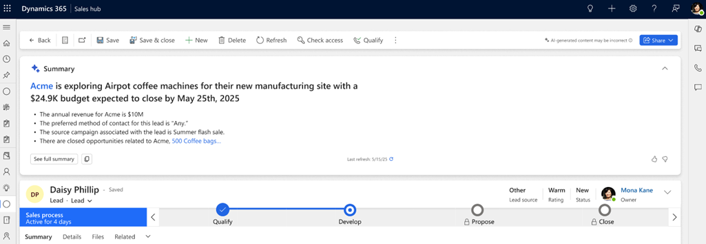 Screenshot of the Copilot lead insights bar expanded in Dynamics 365 Sales.