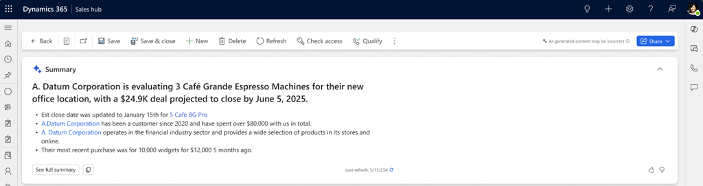 Screenshot of the Copilot opportunity summary expanded view in Dynamics 365 Sales.