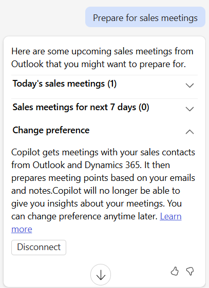 Screenshot of the response to the meeting preparation prompt in the Copilot side pane, with the Change preference option.