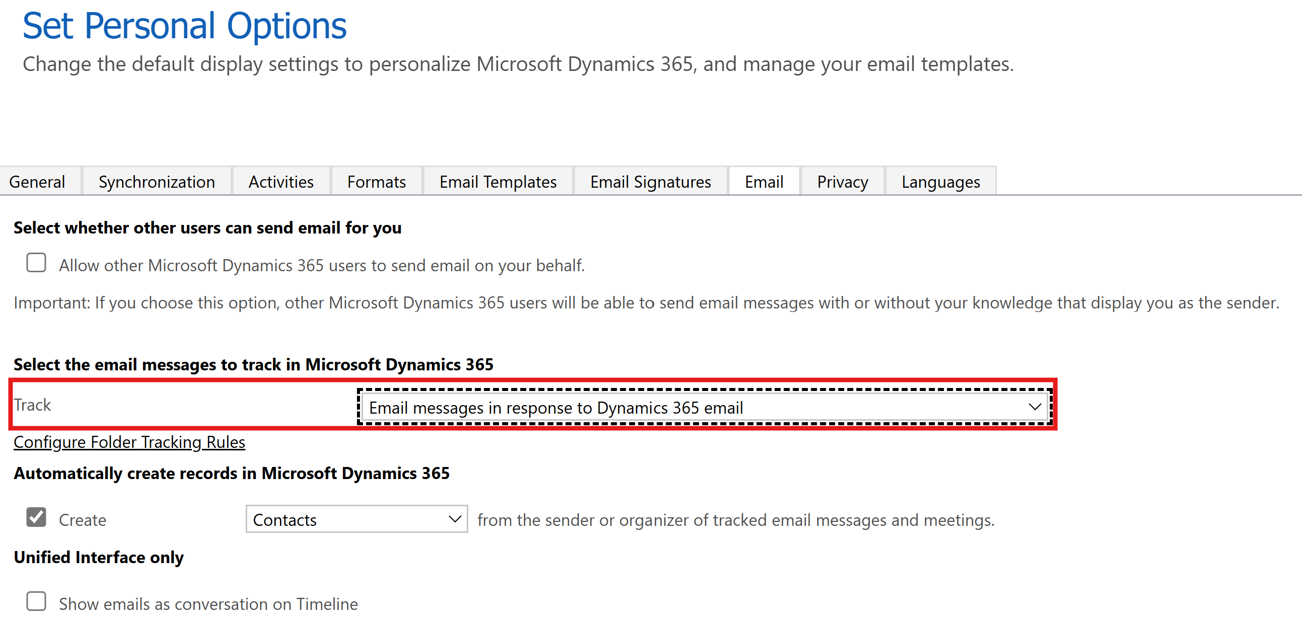 Screenshot of the Personalization settings page in Dynamics 365 Sales with the All email messages option selected.