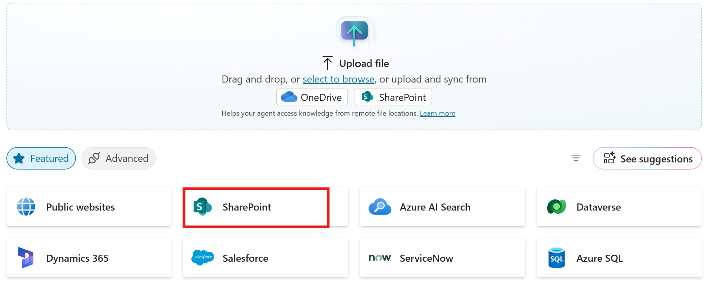 Screenshot showing the correct SharePoint option to select in Copilot Studio.