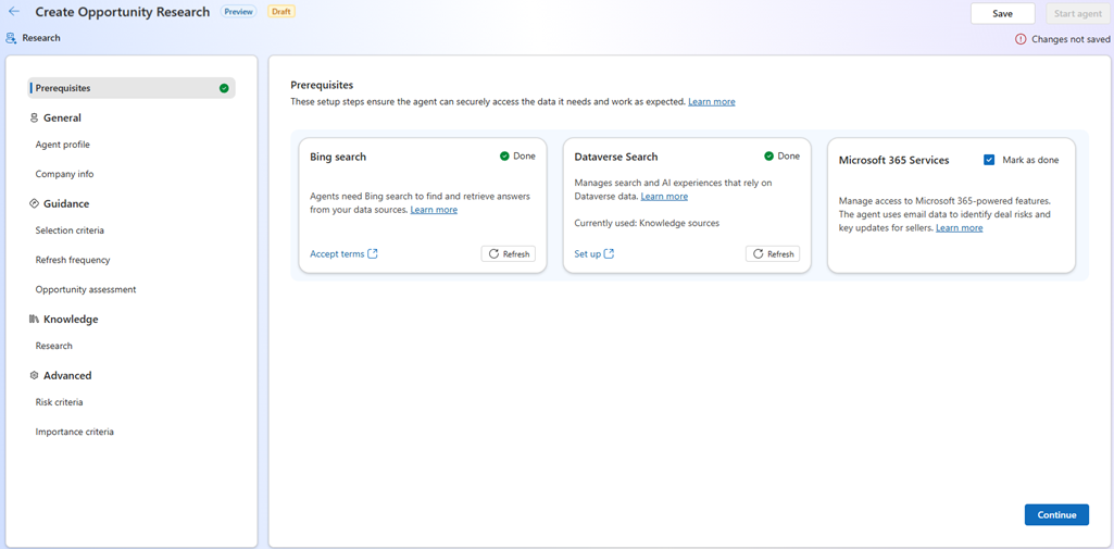 Screenshot of the Sales Opportunity Agent settings page with prerequisites configured.