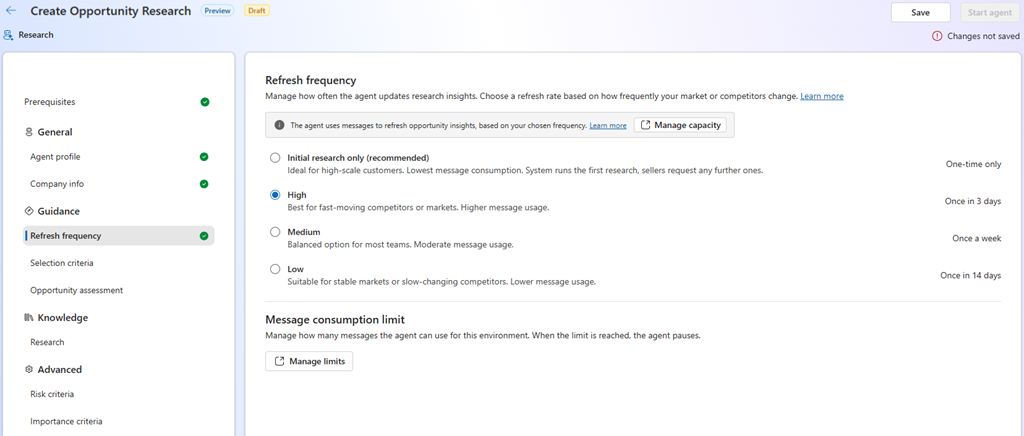 Screenshot of the Sales Opportunity Agent refresh frequency settings page.