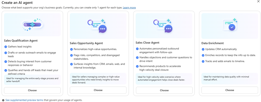 Sales Opportunity Agent settings page showing the option to create a new agent.