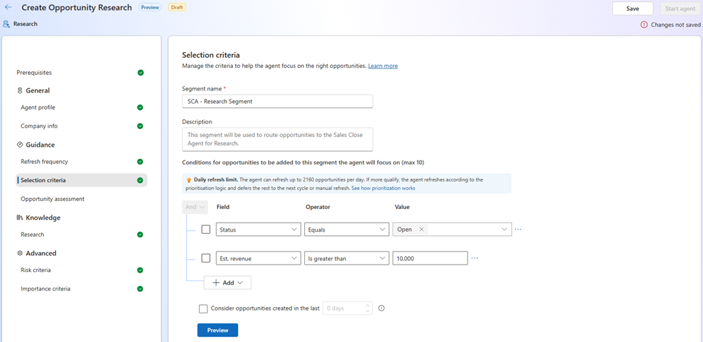 Screenshot of the Sales Opportunity Agent selection criteria settings page.