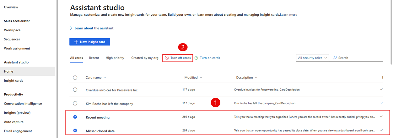 Screenshot showing the cards selected to turn off