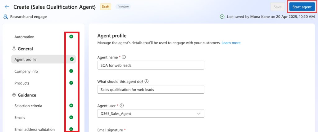 Screenshot of selecting start agent option on the Sales Qualification Agent settings page.
