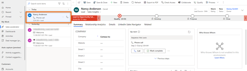 Screenshot of opening your work list in Dynamics 365 Sales.