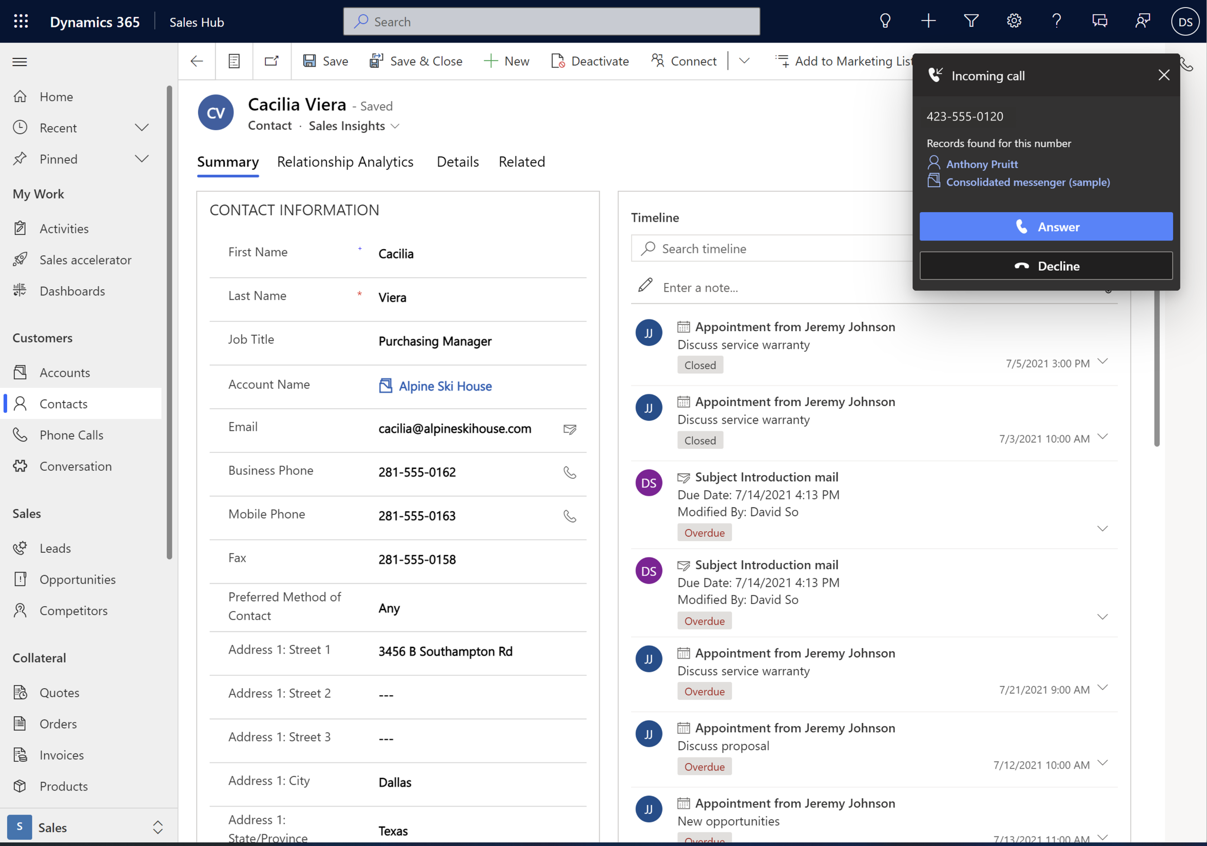 Screenshot of the call receiving notification in Teams within Dynamics 365 Sales.