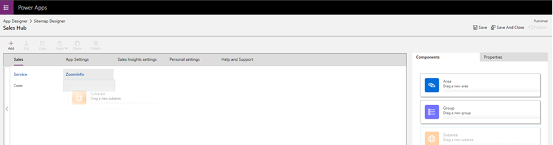 Screenshot of dragging and dropping the subarea component to the group.